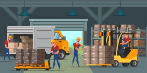 Ilustração mostra operadores trabalhando em condomínio logístico.
