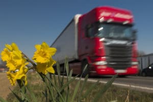 Flor amarela ao lado de caminhão ilustra a logística no Dia das Mães.