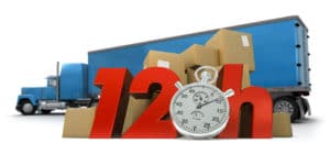 Caixas de papelão, relógio e imagem de 12h ilustram o atraso na entrega.